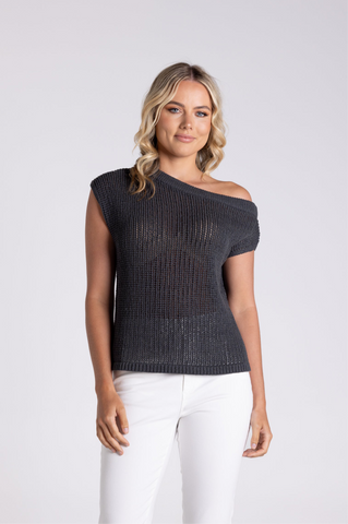 TAPE YARN BOAT NECK TOP CHARCOAL