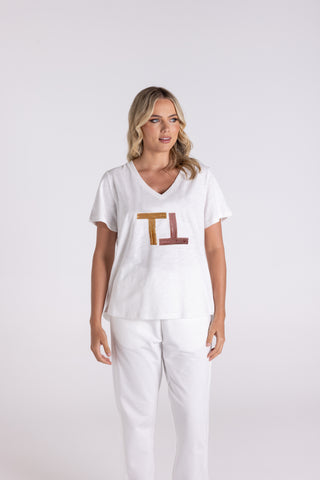 V NECK BEADED & SEQUIN LOGO TEE
