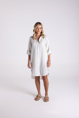 MULTI STRIPE LINEN SHIRT DRESS