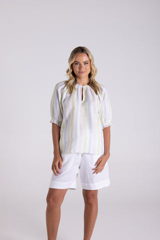 MULTI STRIPE LINEN KEYHOLE TOP