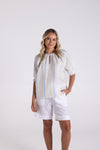 MULTI STRIPE LINEN KEYHOLE TOP
