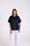 DROPPED SHOULDER OVERSIZED LINEN SHIRT NAVY