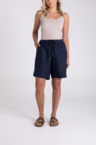 NAVY ELASTIC WAIST LINEN SHORTS