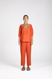 LINEN BURNT ORANGE BEADED TOP