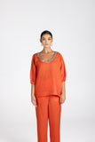 LINEN BURNT ORANGE BEADED TOP