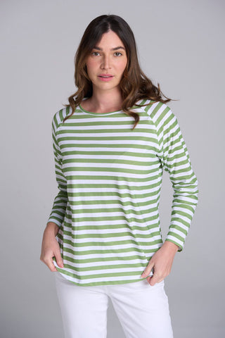 COTTON STRIPE RAGLAN TEE LEAF GREEN