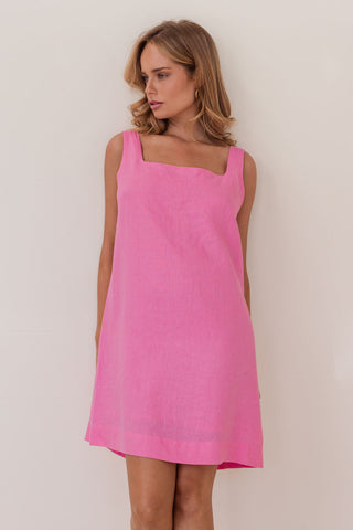 LINEN SQUARE NECK SHIFT DRESS PINK