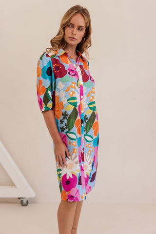 LINEN BLOOM BURST BUTTON THROUGH DRESS