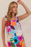 LINEN BLOOM BURST SQUARE NECK SHIFT DRESS
