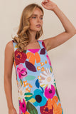 LINEN BLOOM BURST SQUARE NECK SHIFT DRESS