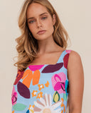 LINEN BLOOM BURST SQUARE NECK SHIFT DRESS