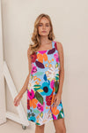 LINEN BLOOM BURST SQUARE NECK SHIFT DRESS