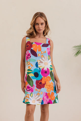 LINEN BLOOM BURST SQUARE NECK SHIFT DRESS