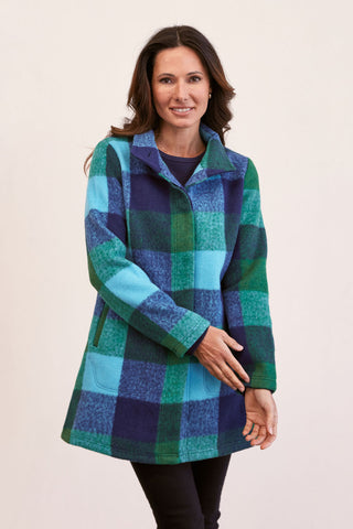 BRUSHED WOOL BLEND PLAID COAT