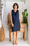LINEN RUFFLE FRONT DRESS NAVY