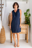 LINEN RUFFLE FRONT DRESS NAVY