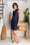 LINEN RUFFLE FRONT DRESS NAVY