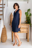 LINEN RUFFLE FRONT DRESS NAVY