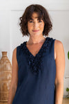 LINEN RUFFLE FRONT DRESS NAVY