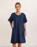 LINEN V NECK FLUTTER SLEEVE DRESS NAVY