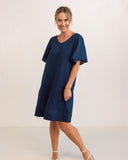 LINEN V NECK FLUTTER SLEEVE DRESS NAVY