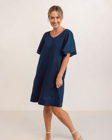 LINEN V NECK FLUTTER SLEEVE DRESS NAVY