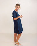 LINEN V NECK FLUTTER SLEEVE DRESS NAVY