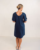 LINEN V NECK FLUTTER SLEEVE DRESS NAVY