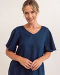 LINEN V NECK FLUTTER SLEEVE DRESS NAVY