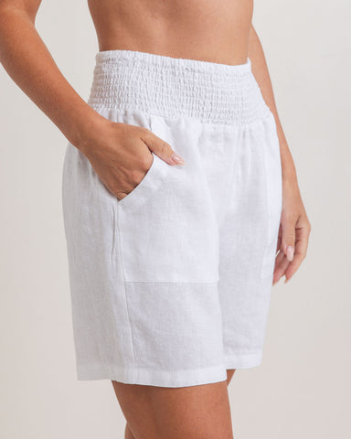 LINEN SHIRRED WAIST SHORT WHITE