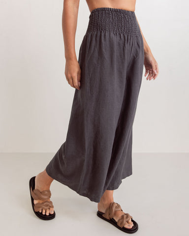 LINEN SHIRRED WAIST PANT CHARCOAL