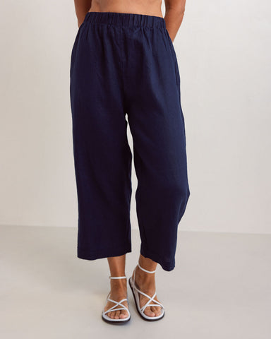 LINEN ELASTIC WAIST CULOTTE PANT NAVY