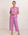 LINEN/VISCOSE RUFFLE SLEEVE BUTTON BACK TOP