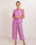LINEN/VISCOSE RUFFLE SLEEVE BUTTON BACK TOP