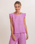 LINEN/VISCOSE RUFFLE SLEEVE BUTTON BACK TOP