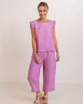 LINEN/VISCOSE RUFFLE SLEEVE BUTTON BACK TOP