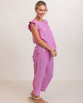 LINEN/VISCOSE RUFFLE SLEEVE BUTTON BACK TOP