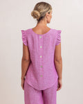 LINEN/VISCOSE RUFFLE SLEEVE BUTTON BACK TOP