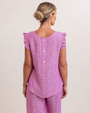 LINEN/VISCOSE RUFFLE SLEEVE BUTTON BACK TOP