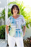 LINEN V NECK SWING TOP ROME PRINT