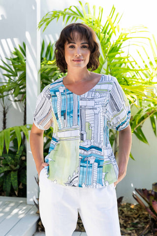LINEN V NECK SWING TOP ROME PRINT