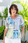 LINEN V NECK SWING TOP ROME PRINT