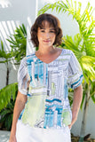 LINEN V NECK SWING TOP ROME PRINT