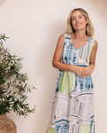 LINEN V NECK MAXI WITH SPLITS ROME PRINT