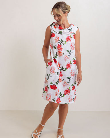 LINEN ROSES COWL NECK DRESS