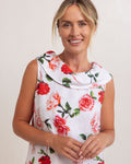 LINEN ROSES COWL NECK DRESS