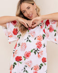 LINEN ROSES V NECK FLUTTER SLEEVE DRESS