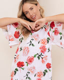 LINEN ROSES V NECK FLUTTER SLEEVE DRESS