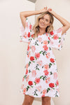 LINEN ROSES V NECK FLUTTER SLEEVE DRESS