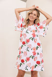 LINEN ROSES V NECK FLUTTER SLEEVE DRESS